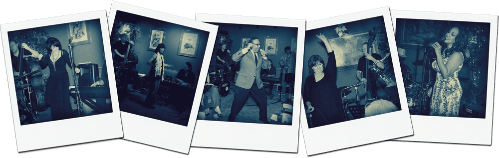 A Series of Five Polaroid Photos Capturing a Live Band Performance With Various Members Singing and Playing Instruments Including a Keyboard, Guitar, and Drums.