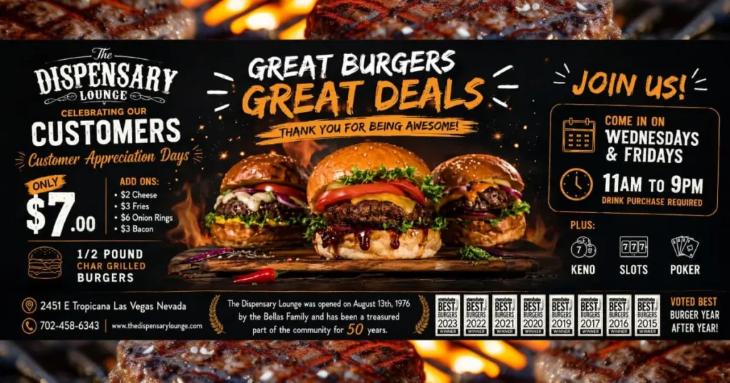 Burgers on a grill with promotional text for The Dispensary Lounge's Customer Appreciation Days. Offers include $7 char-grilled burgers and game nights.