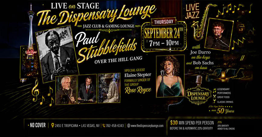 Live jazz event at The Dispensary Lounge featuring Paul Stubblefield and the Over the Hill Gang, with Elaine Stepter as special guest.