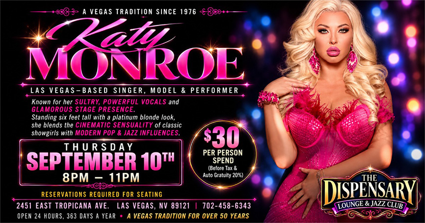 Promotional poster for Katy Monroe, a Las Vegas-based singer and performer, featuring details of her upcoming show on September 10 from 8 PM to 11 PM at The Dispensary Lounge & Jazz Club.